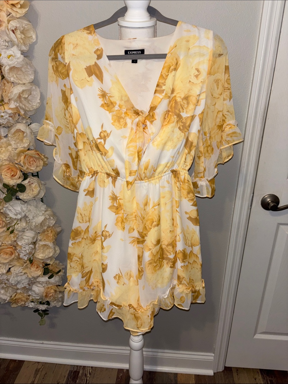 Express Yellow Floral V-Neck Flutter Romper